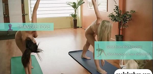  Yoga exercise with busty blonde trainer and brunette girls